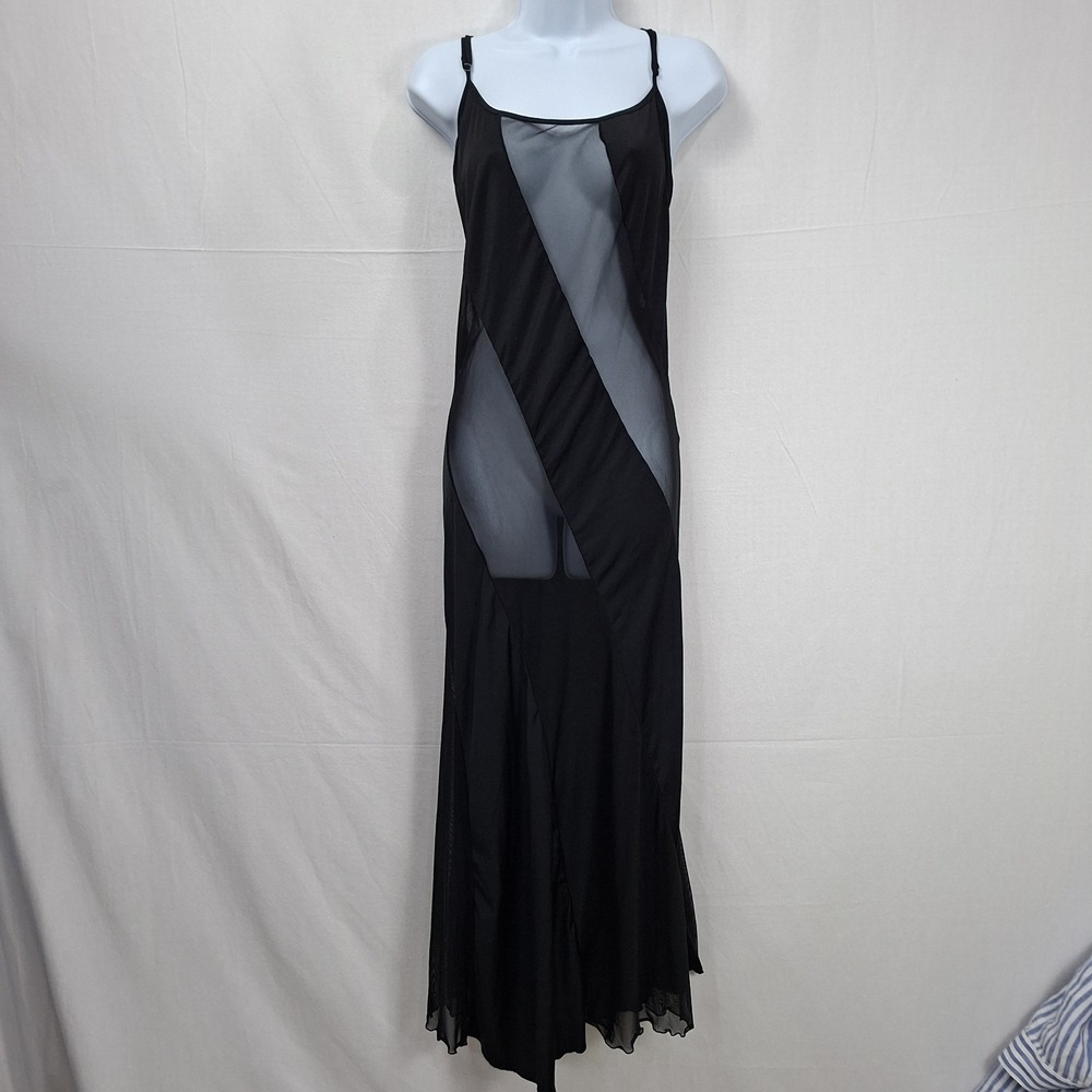 Fredericks of Hollywood Vtg 1X Lingerie Maxi Dress Slip Nightgown Sheer Black